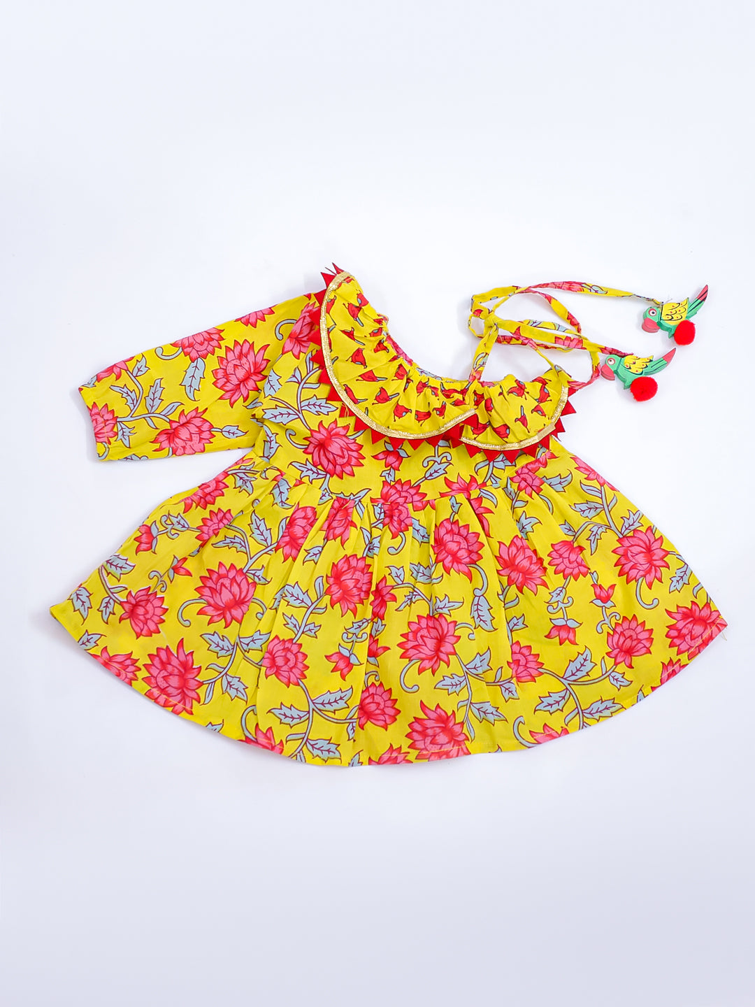KID1 Floral Frilly Short Frock Yellow