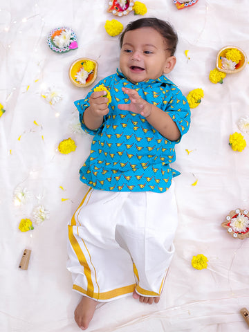 KID1 Chirpy Bird Shirt Kurta with Lungi Turquoise