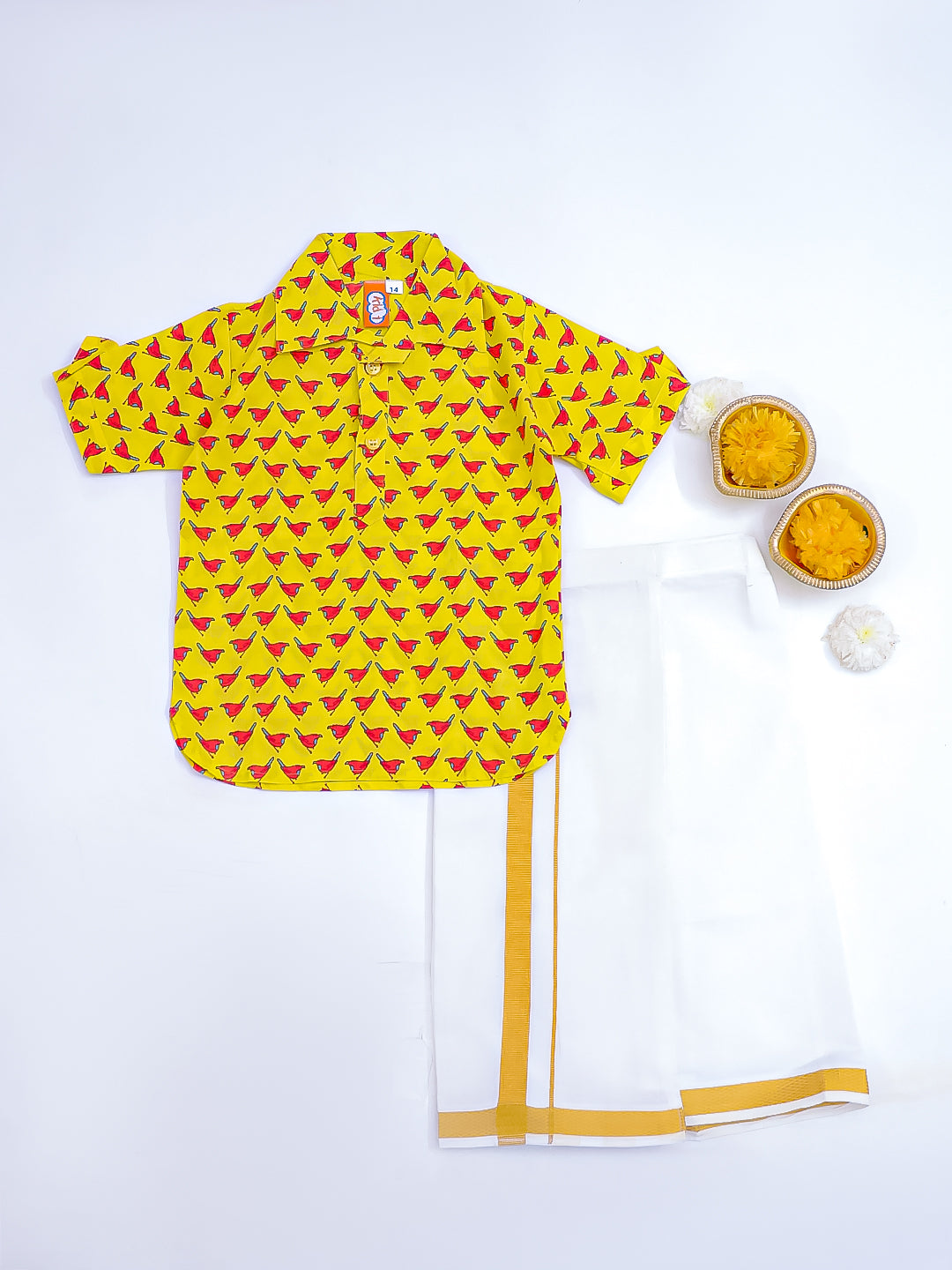 KID1 Chirpy Bird Shirt Kurta with Lungi Yellow