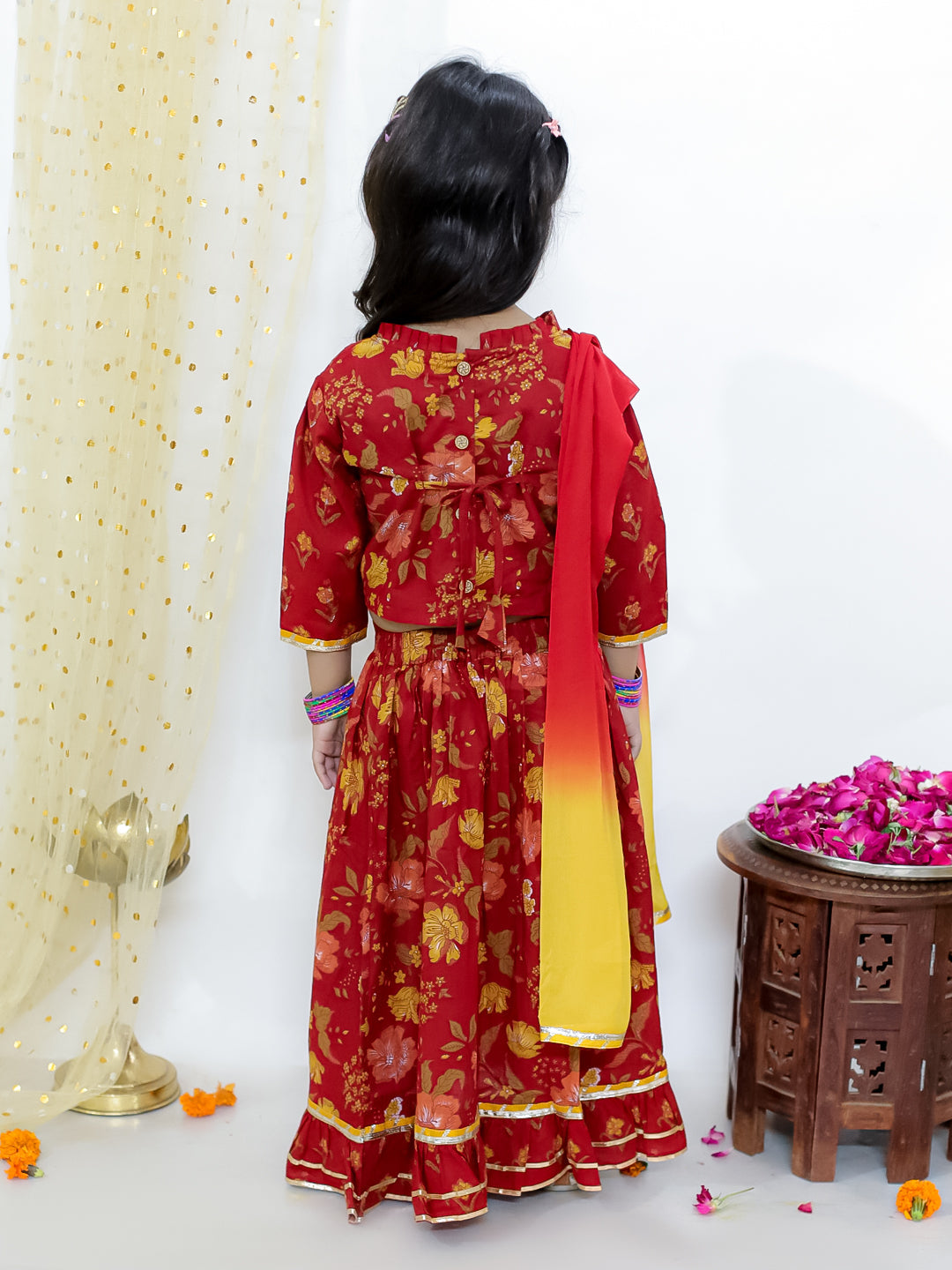 KID1 Gota Work Choli & Frill Lehenga For Girls WIth Asmi Jacket Kurta Pyjama Set For Boys - Maroon
