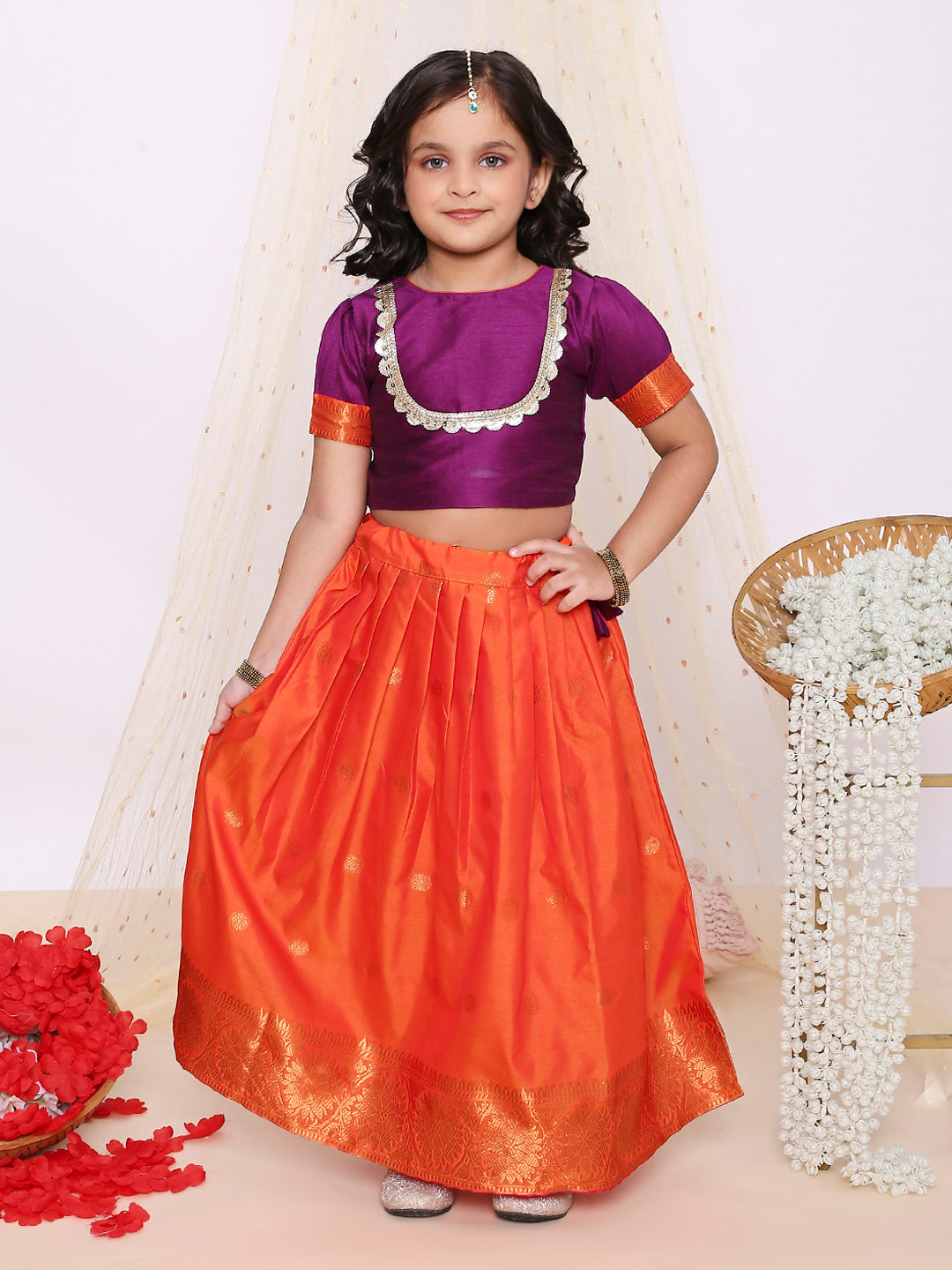 KID1 Jacquard Pattu Pavdai For Girls With Attached Jacket Kurta Set For Boys - Purple