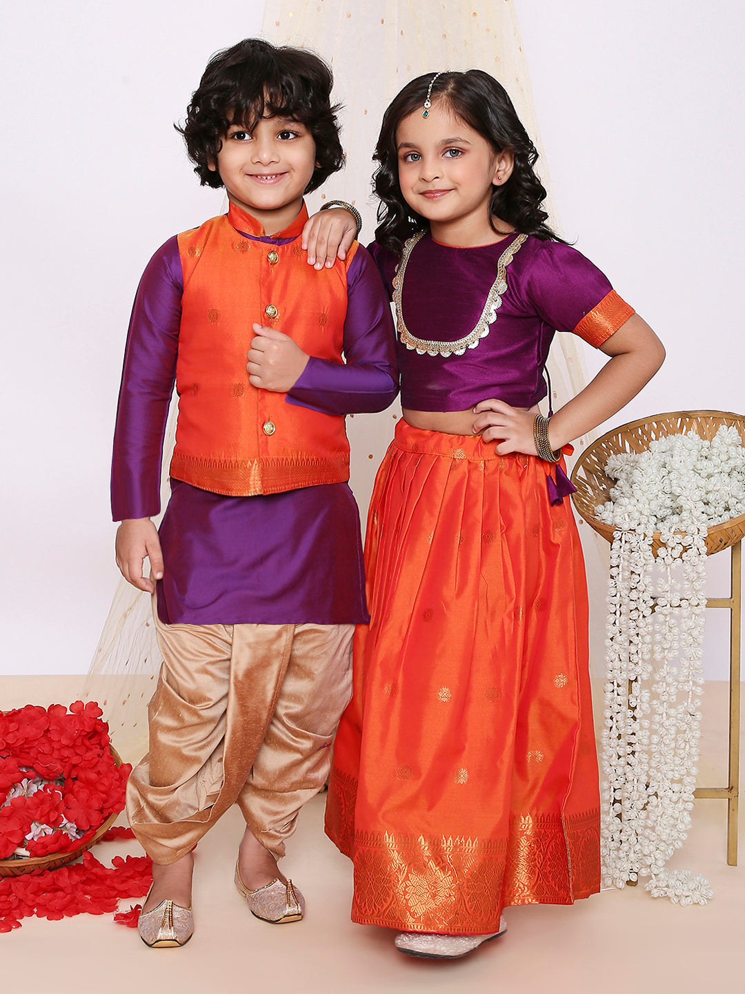 KID1 Jacquard Pattu Pavdai For Girls With Attached Jacket Kurta Set For Boys - Purple