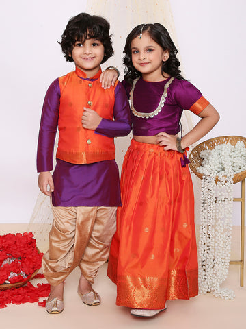 KID1 Jacquard Pattu Pavdai For Girls With Attached Jacket Kurta Set For Boys - Purple