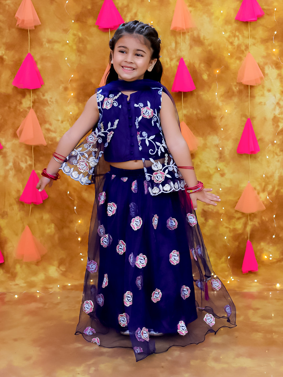 KID1 Rose Bliss Lehenga Choli For Girls With Rose Bliss Sherwani Set For Boys - Navy Blue