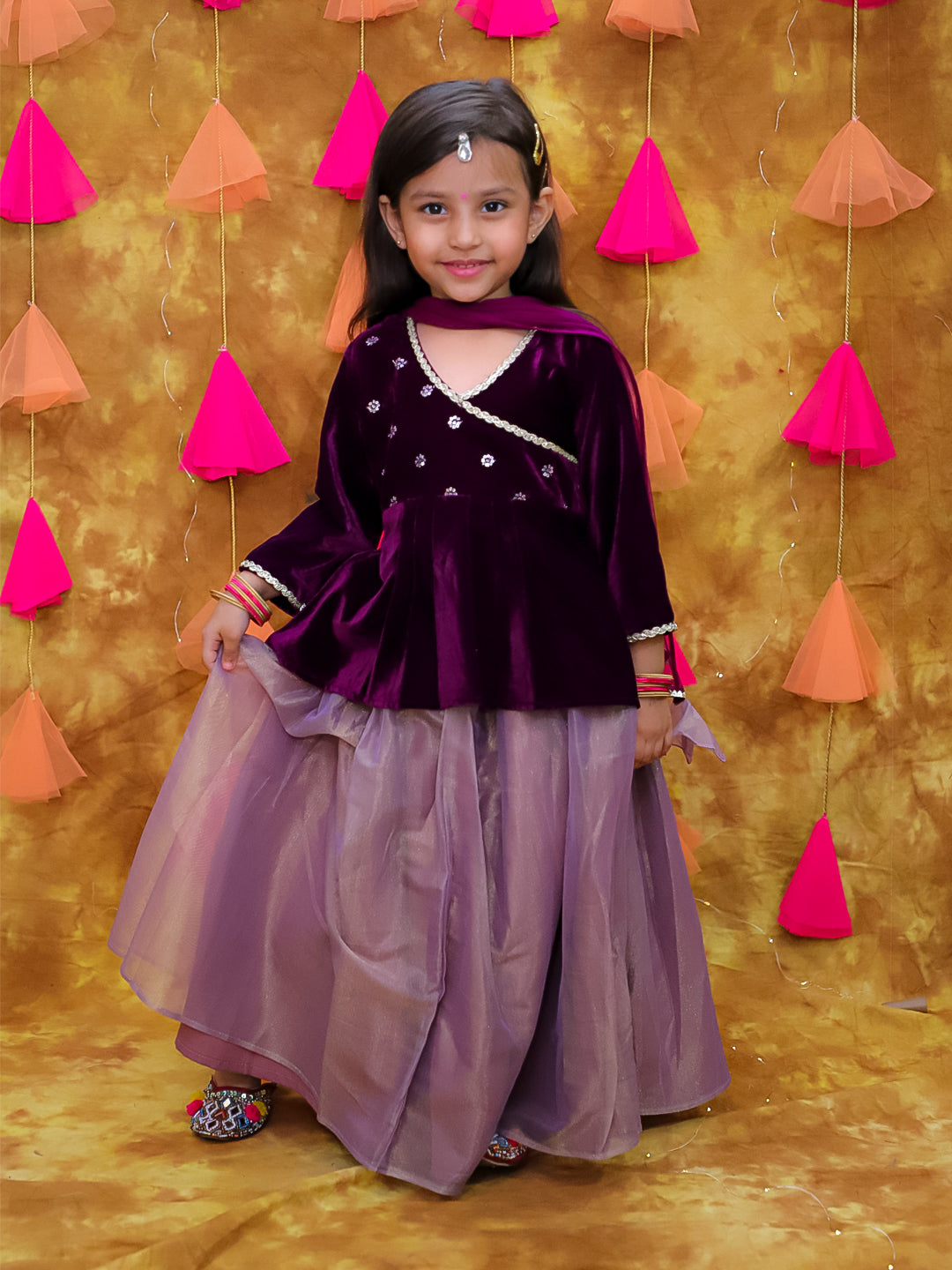 KID1 Alina Velvet Lehenga For Girls With Embroidered Velvet Sherwani Set For Boys - Purple