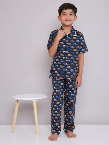 KID1 Quirky Print Night Suit Set Navy Blue