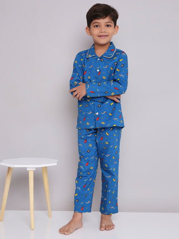 KID1 Quirky Print Night Suit Set Skyblue