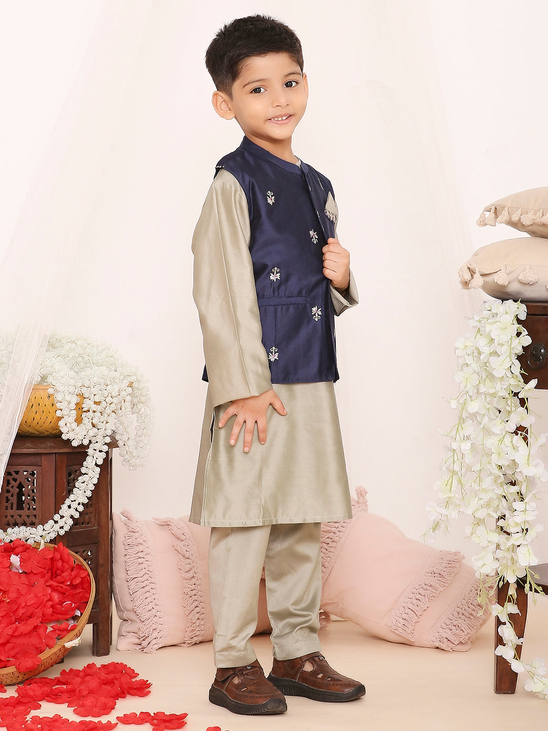KID1 Embroidered Festive Jacket Kurta Pyjama Blue