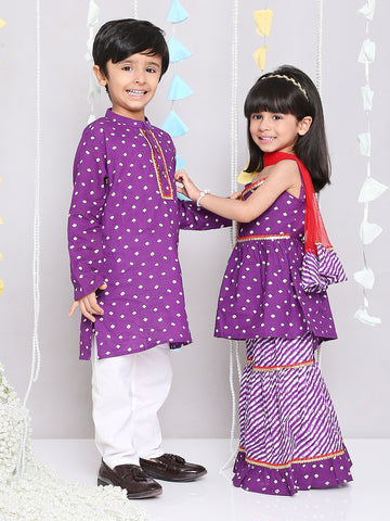 KID1 Chanda Bandhani Top Sharara Set For Girls With Chanda Bandhani Kurta Pyjama For Boys- Purple