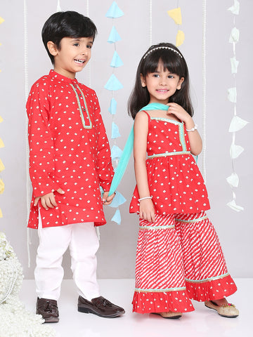 KID1 Chanda Bandhani Top Sharara Set For Girls With Chanda Bandhani Kurta Pyjama For Boys- Red