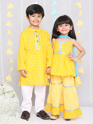 KID1 Chanda Bandhani Top Sharara Set For Girls With Chanda Bandhani Kurta Pyjama For Boys- Yellow