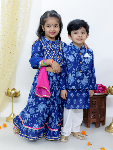 KID1 Gota Work Choli & Frill Lehenga For Girls With Asmi Jacket Kurta Pyjama Set For Boys - Navy Blue