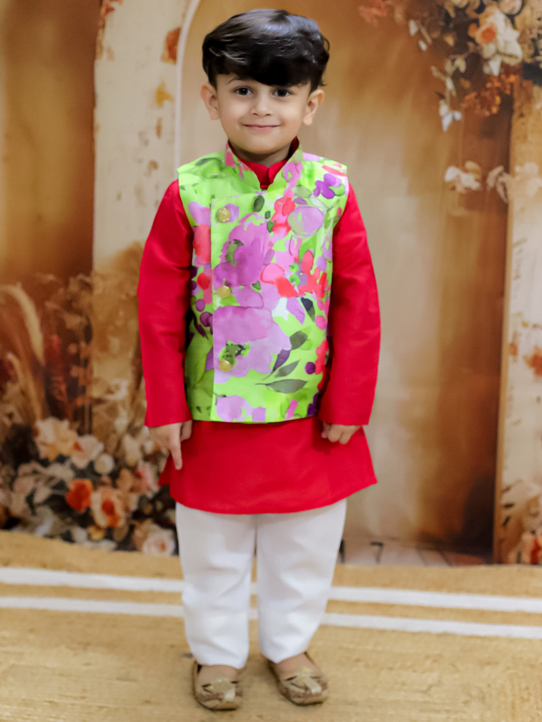 KID1 Spring Floral Jacket Kurta Pyjama Red
