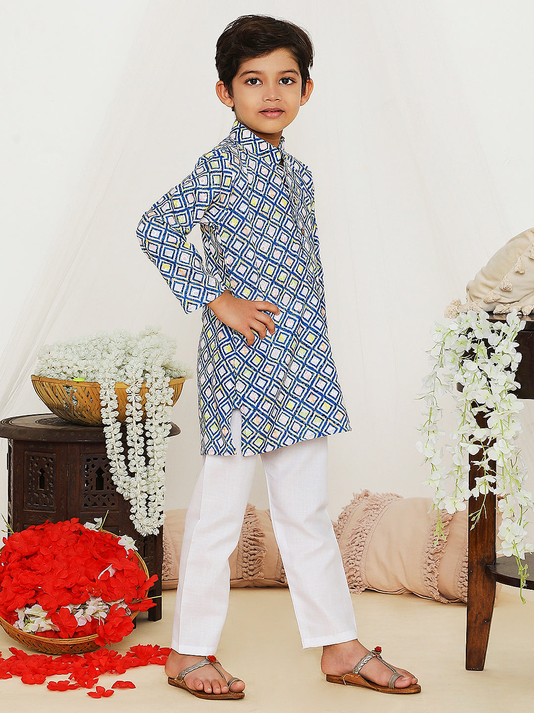 Cotton Embroidered Kurta Pyjama Blue