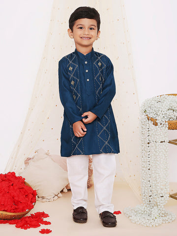 KID1 Embroidered Silk Kurta with Pyjama Blue