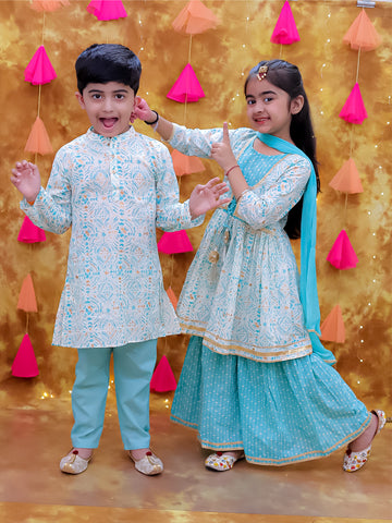 KID1 Anmol Kurti Sharara Set Pink For Girls With Anmol Kurta Pyjama For Boys - Green