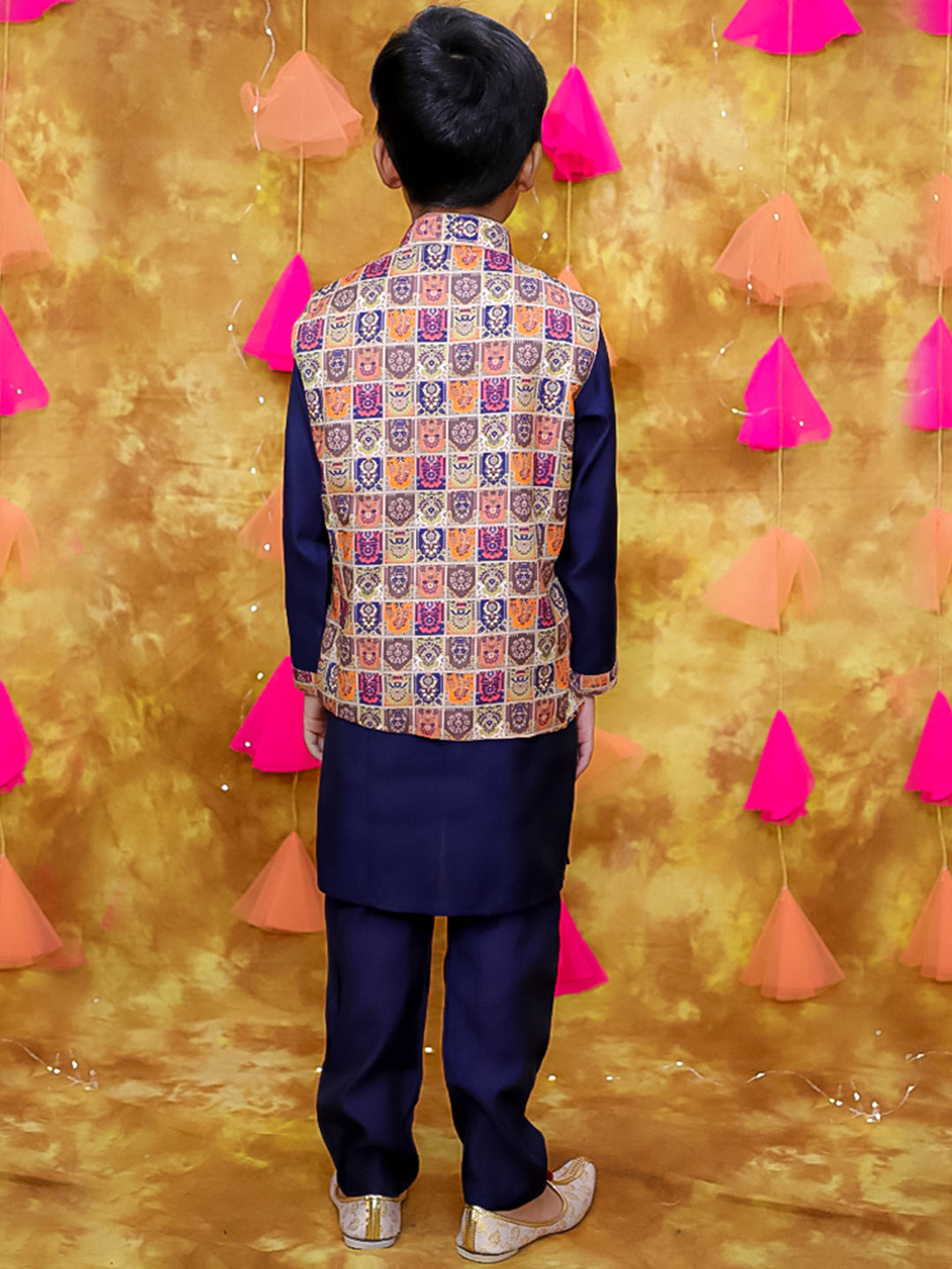 KID1 Digital Print Jacket With Solid Kurta Pyjama Navy Blue