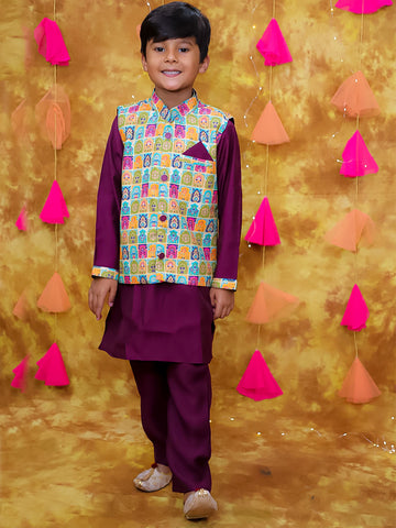 KID1 Digital Print Jacket With Solid Kurta Pyjama Purple