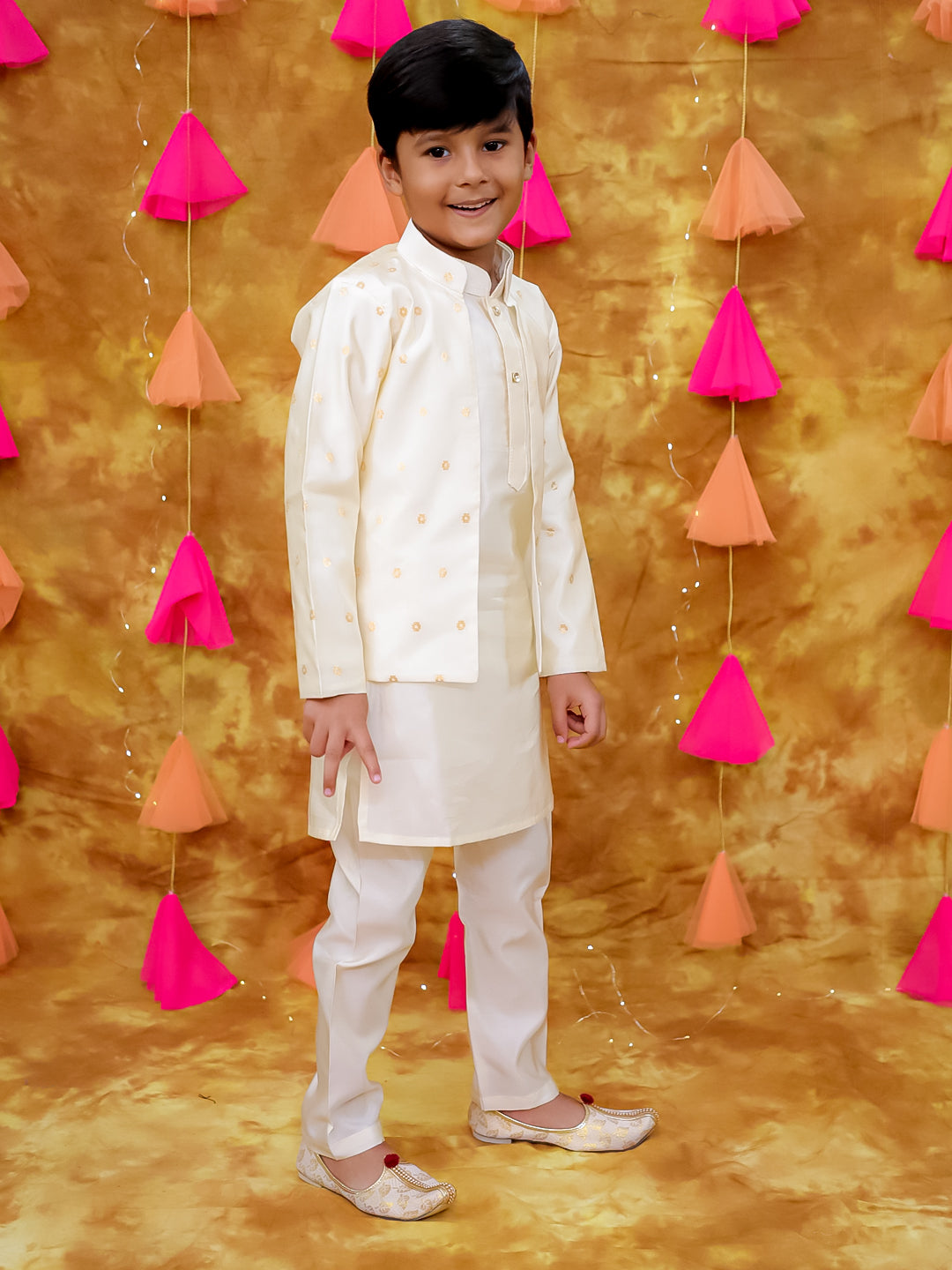 KID1 Zari Weave Jacket with Silk Kurta Pyjama Offwhite