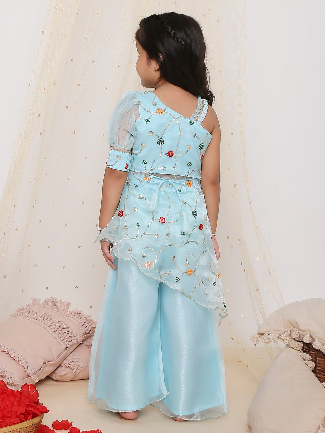 Nikki Embroidered Organza Peplum Top With Palazzo Set Blue