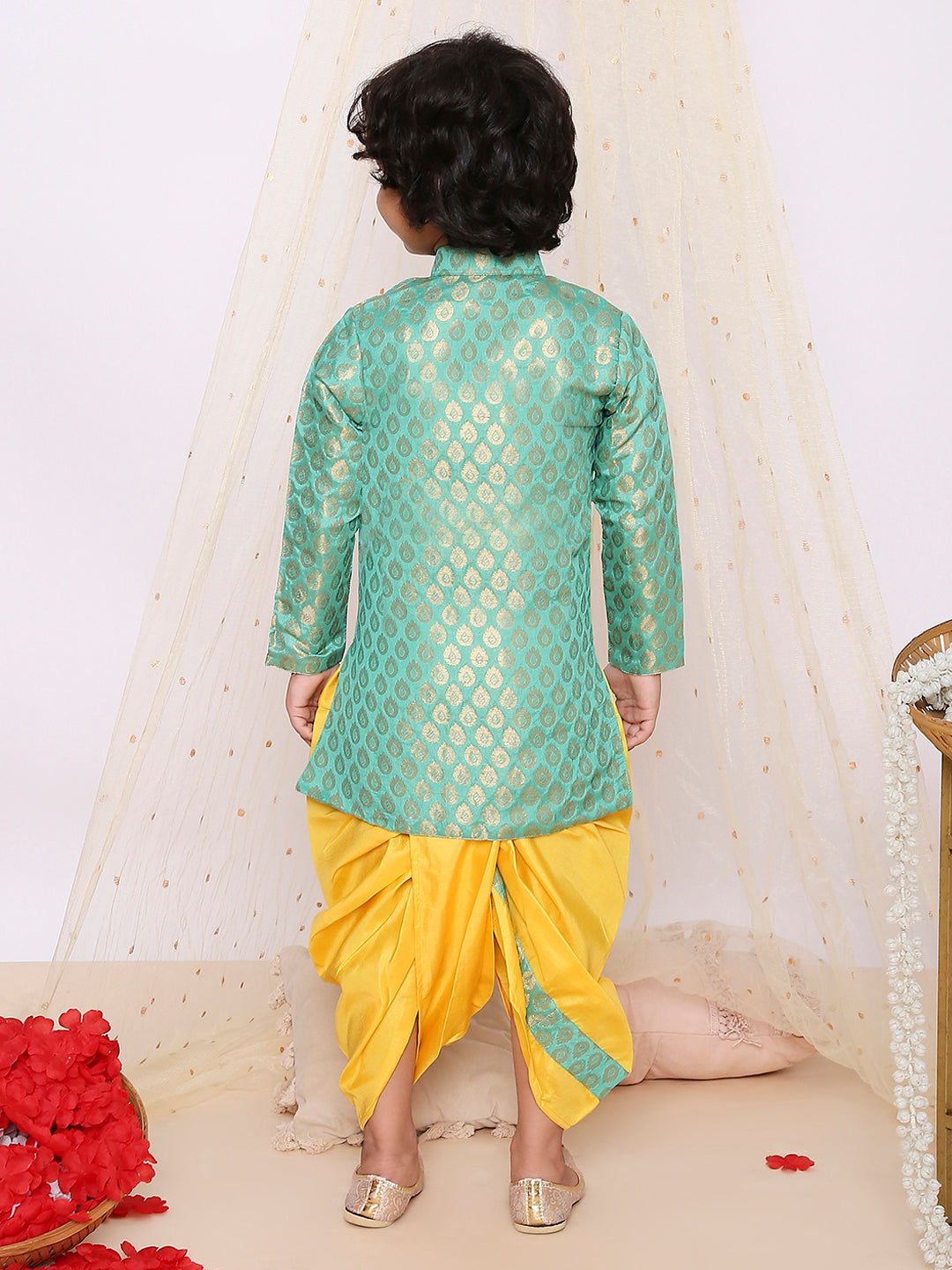 KID1 Festive Jacquard Sherwani Dhoti Green