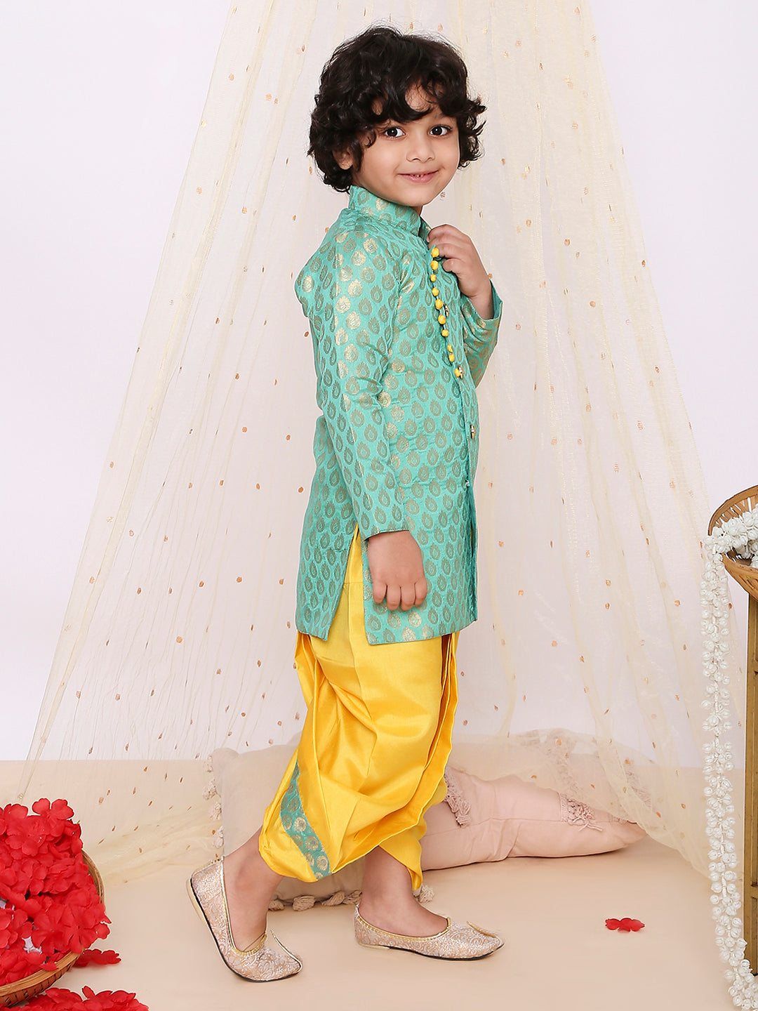KID1 Festive Jacquard Sherwani Dhoti Green