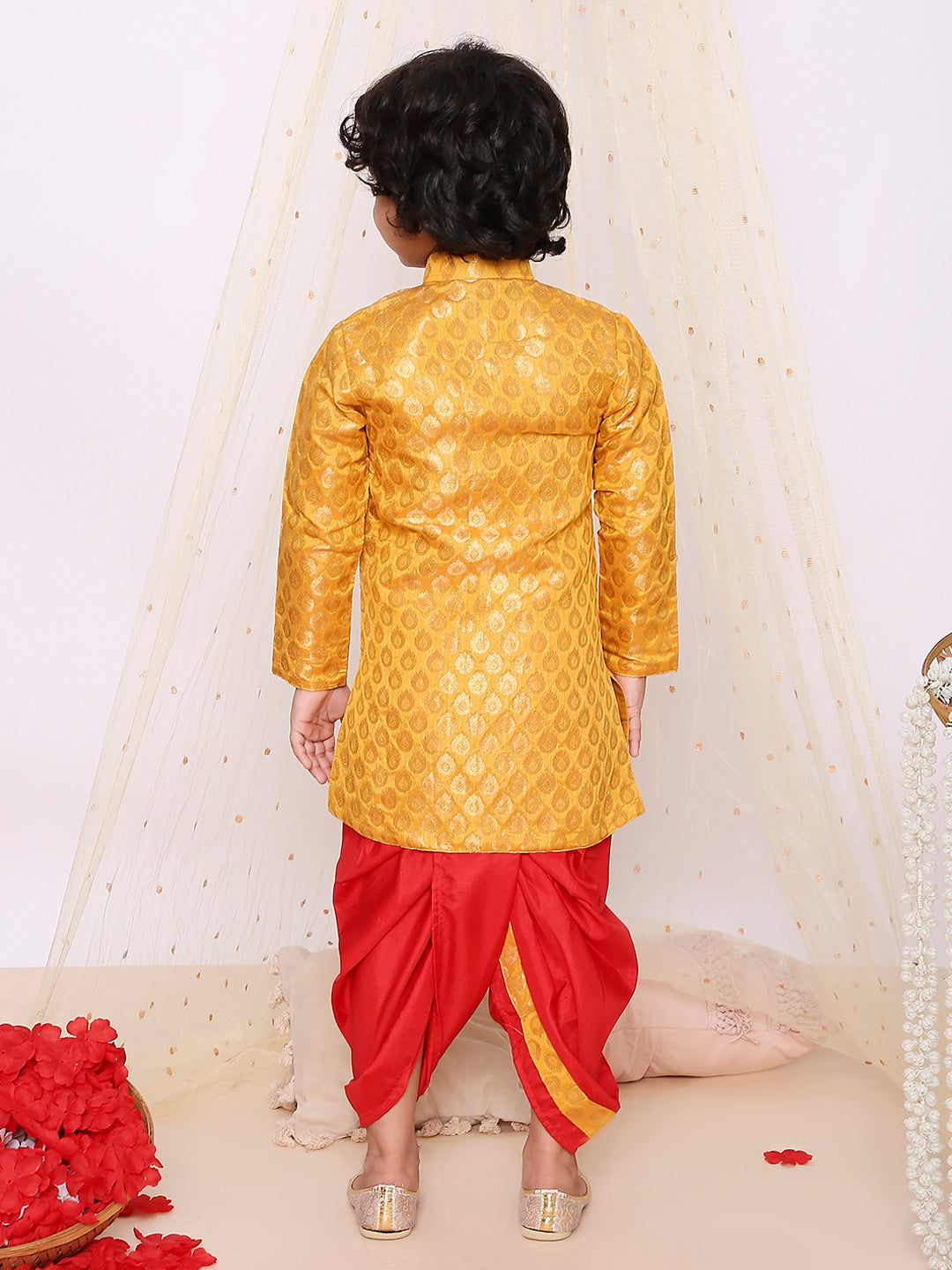 KID1 Festive Jacquard Sherwani Dhoti Yellow