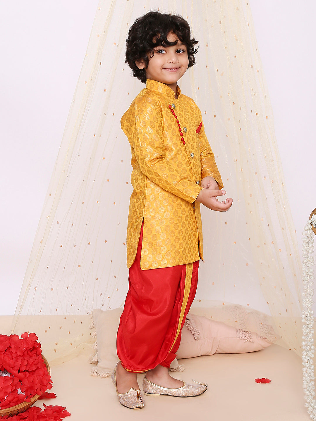 KID1 Festive Jacquard Sherwani Dhoti Yellow