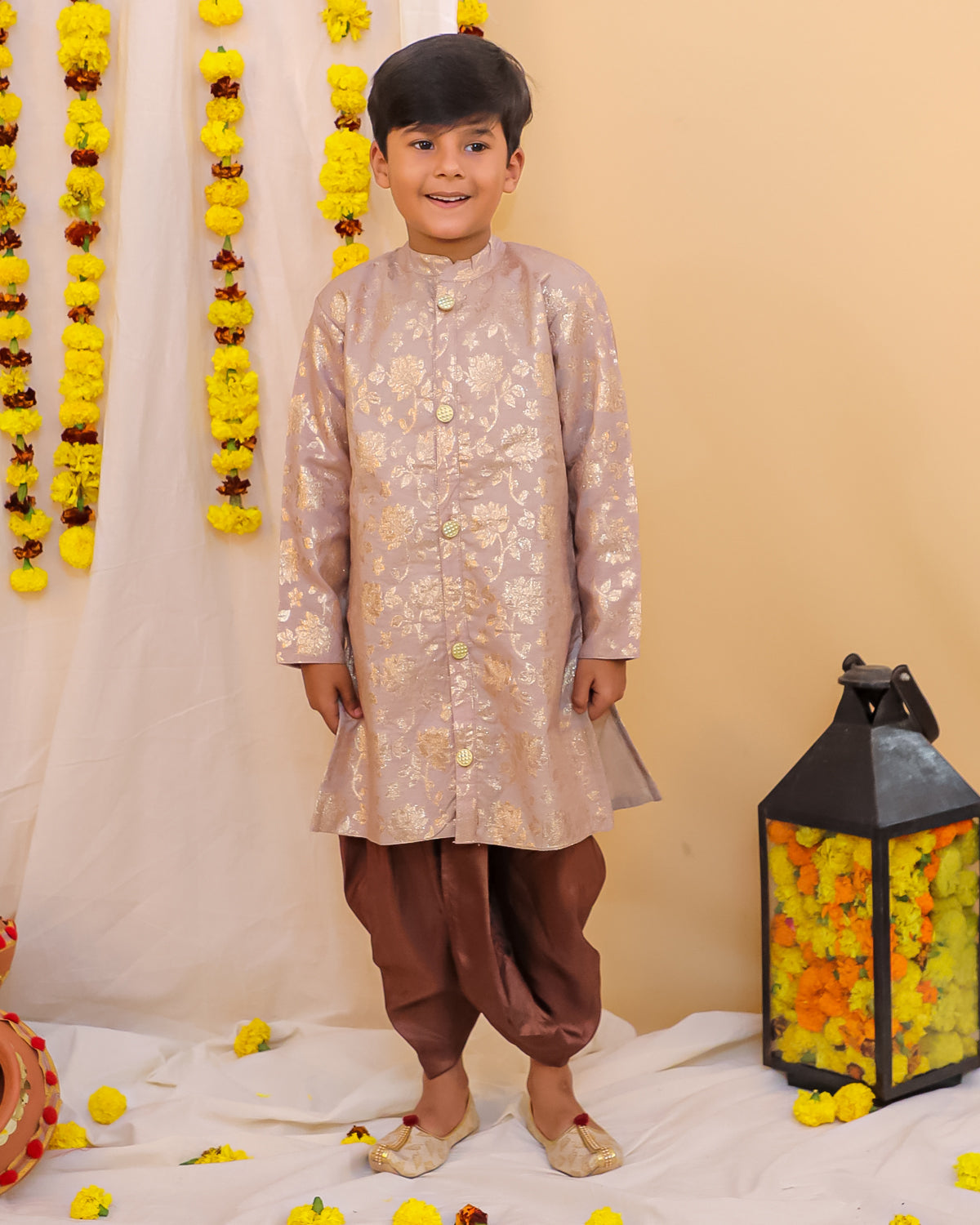 KID1 Chanderi Jacquard Sherwani Dhoti Set Beige