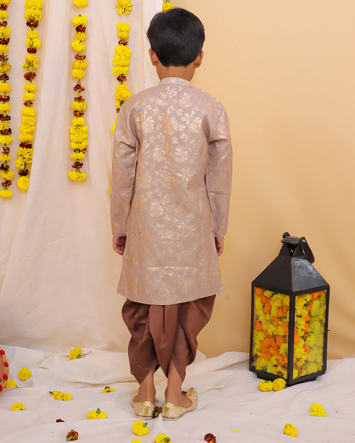 KID1 Chanderi Jacquard Sherwani Dhoti Set Beige