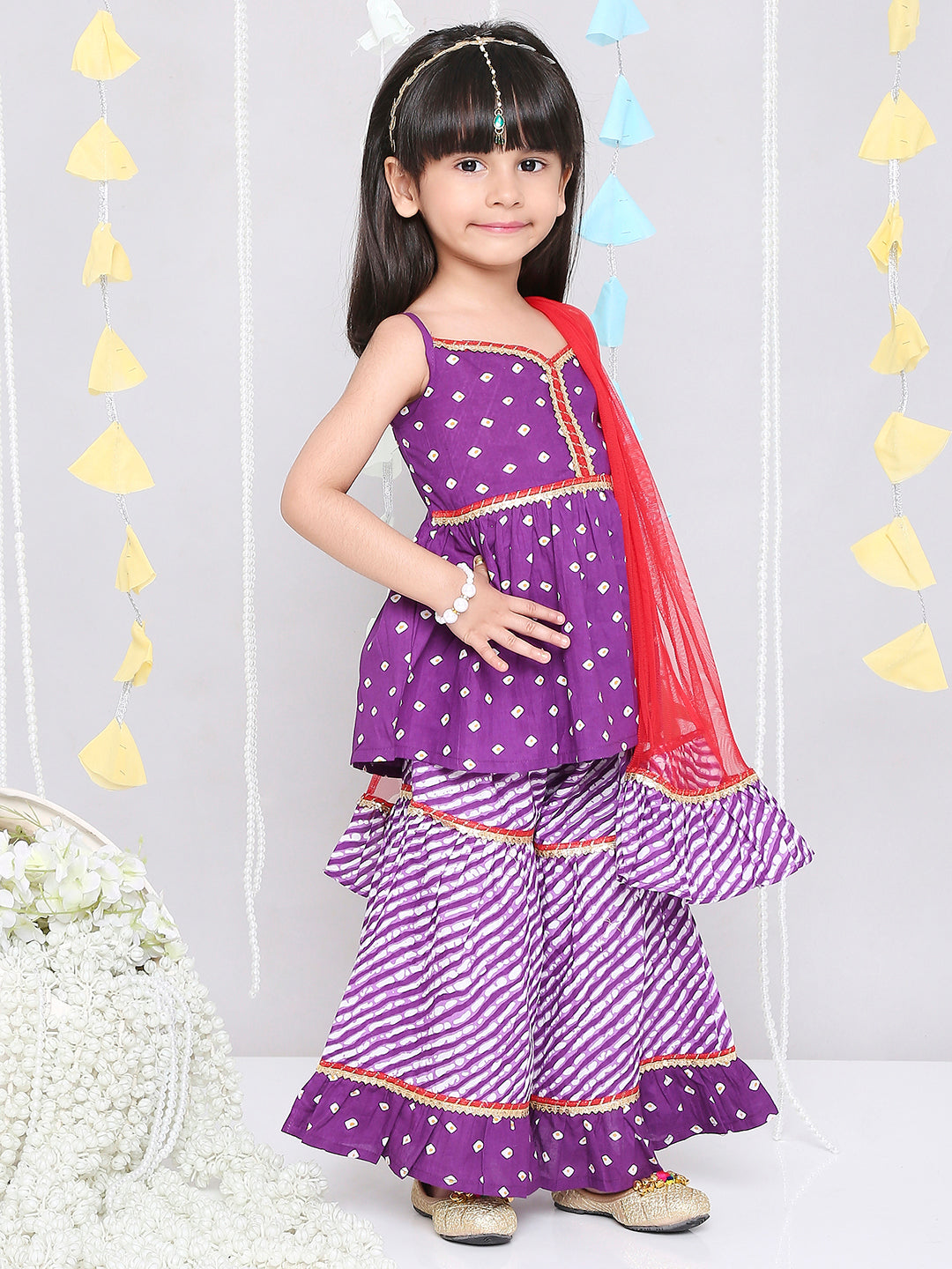 KID1 Chanda Bandhani Top Sharara Set Purple