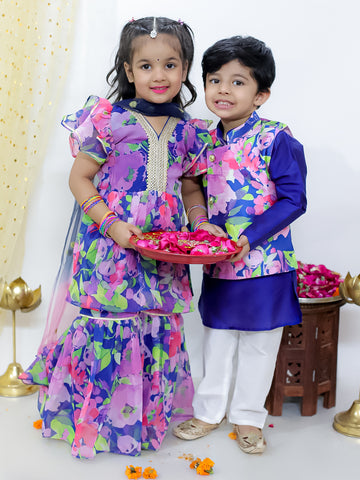 KID1 Spring Floral Sharara Set For Girls With Spring Floral Jacket Kurta Pyjama For Boys - Blue