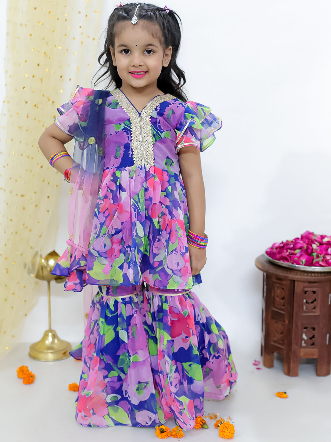 KID1 Spring Floral Sharara Set For Girls With Spring Floral Jacket Kurta Pyjama For Boys - Blue