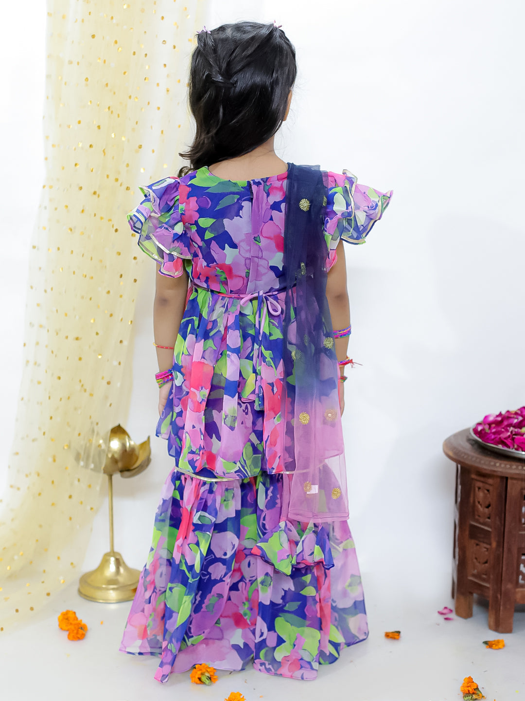 KID1 Spring Floral Sharara Set For Girls With Spring Floral Jacket Kurta Pyjama For Boys - Blue