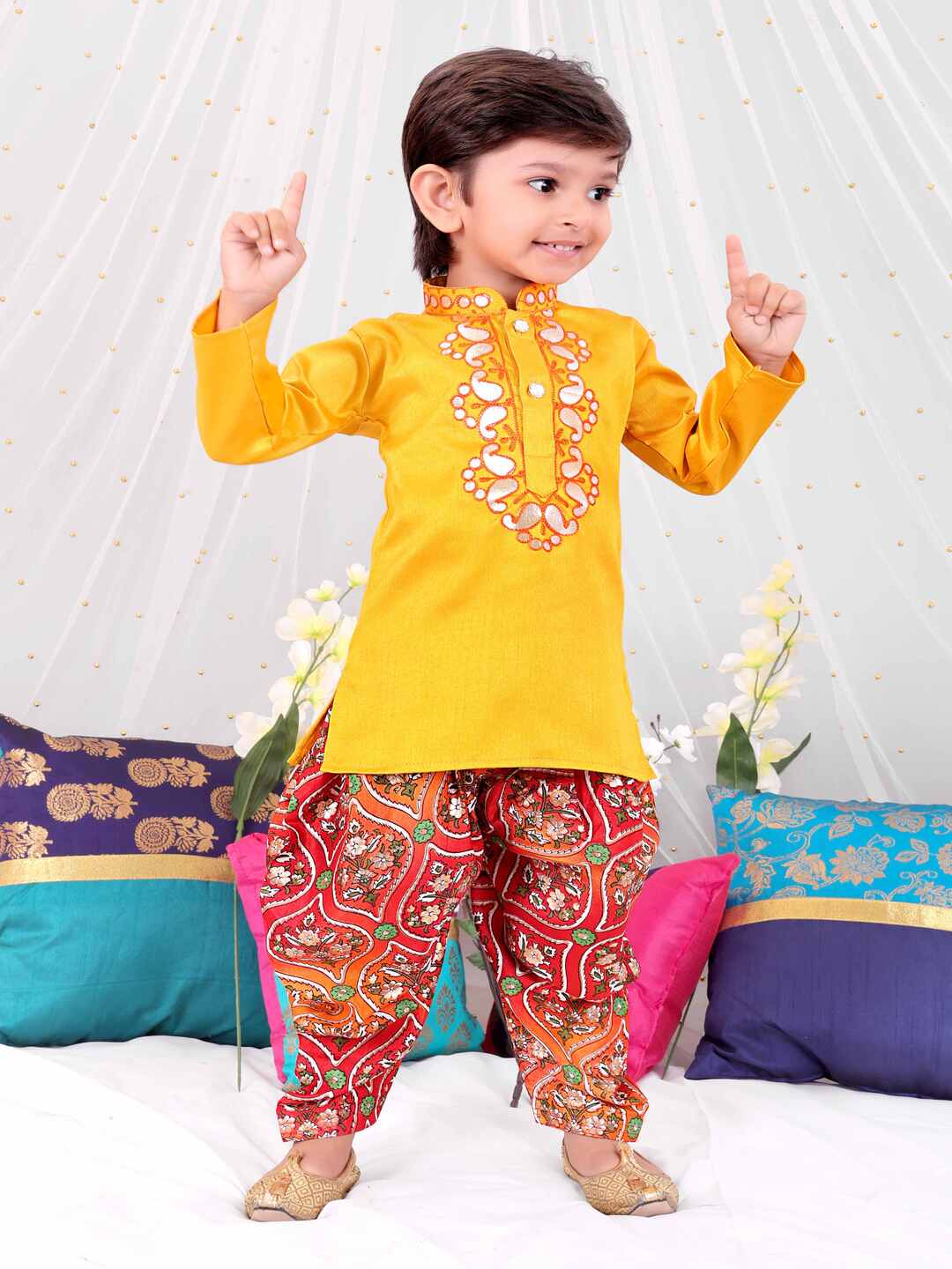 KID1 Gota-Work Kurta with Dhoti Pants Yellow