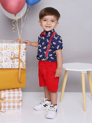 KID1 Summer Shirt and Shorts Set With Bow Tie and Suspenders Blue
