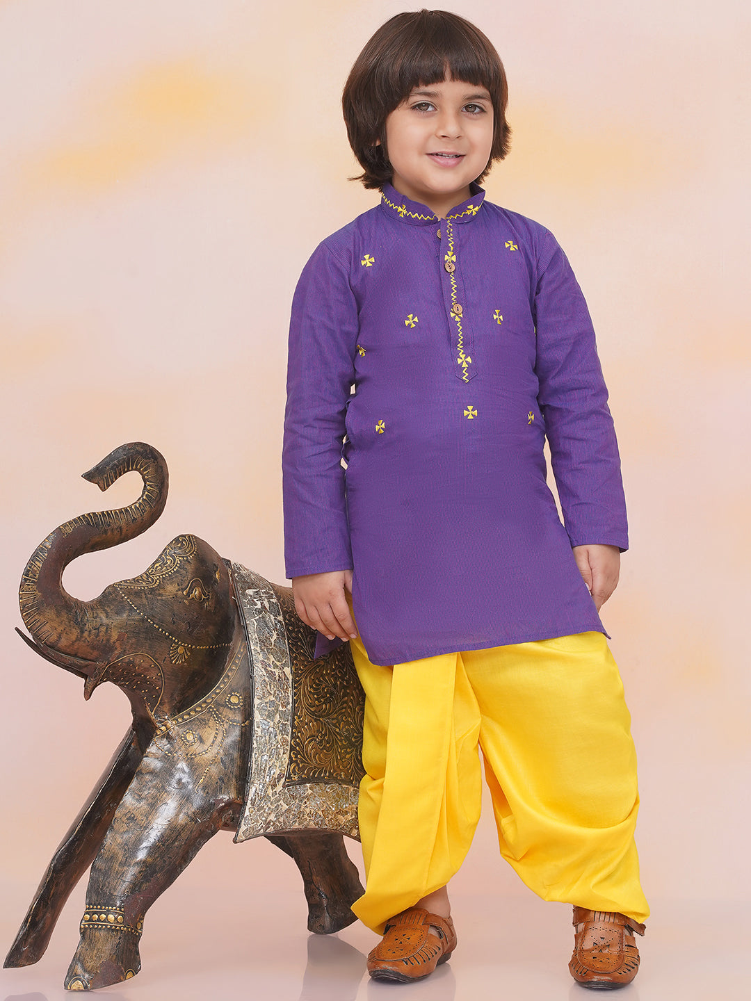 KID1 Aari Embroidered Handloom Kurta With Dhoti Purple