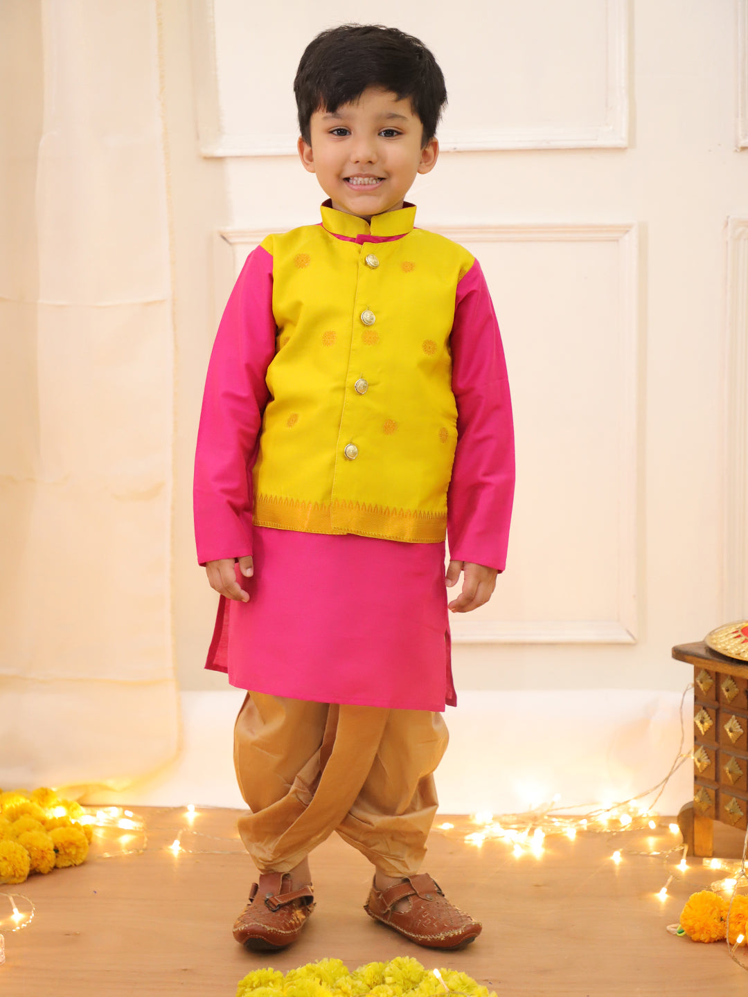 Poly Silk Attached Jacket Kurta Set Yellow