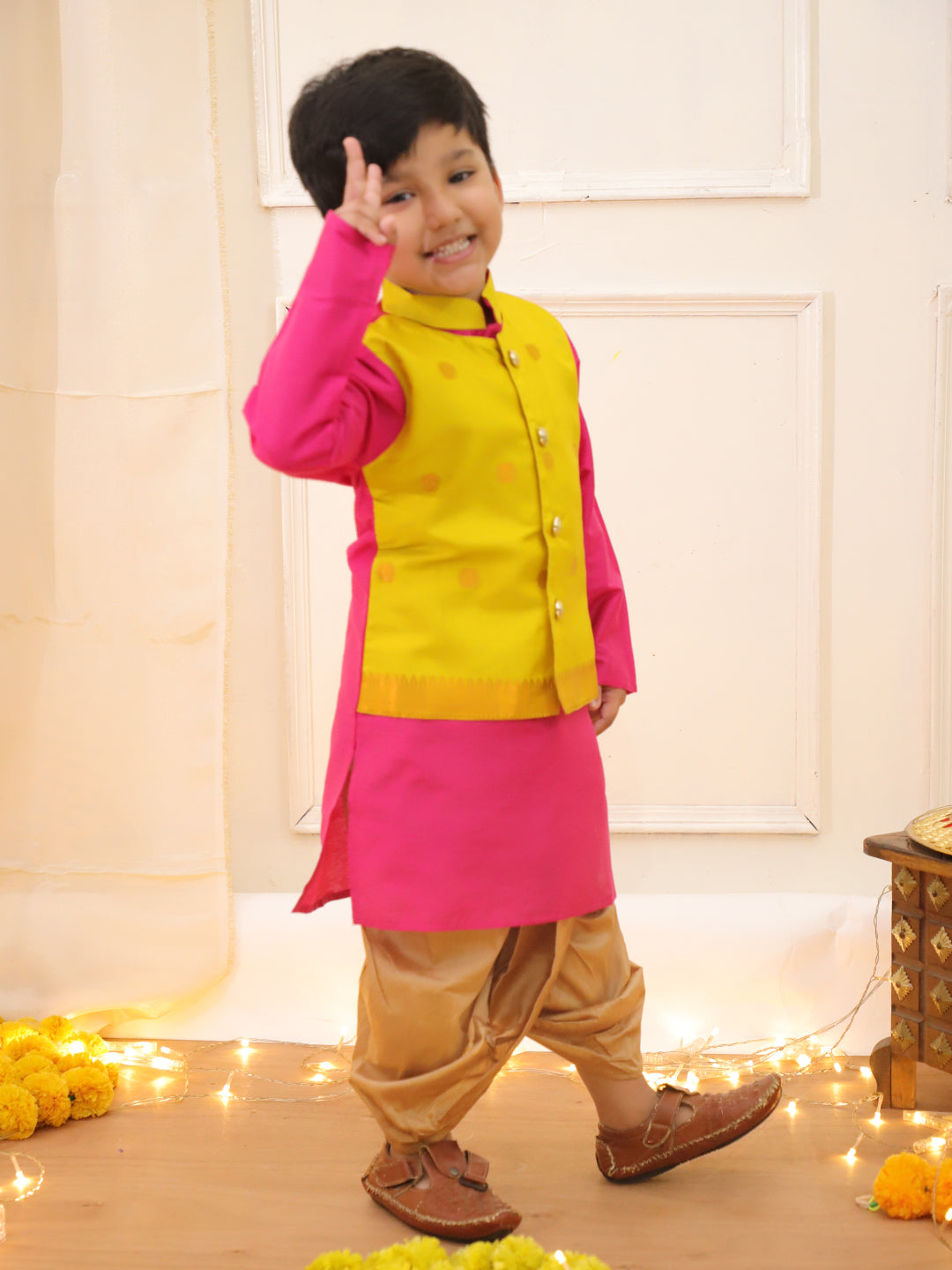 Poly Silk Attached Jacket Kurta Set Yellow