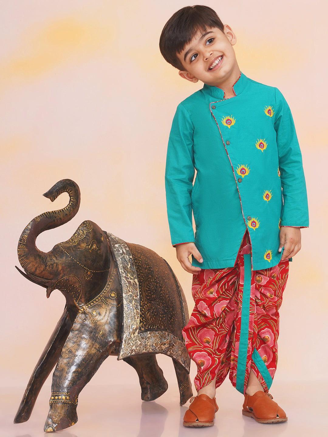 KID1 Leela Choli with Printed Lehenga & Crushed Dupatta For Girls With Morpankh Embroidered Dhoti Set For Boys - Green