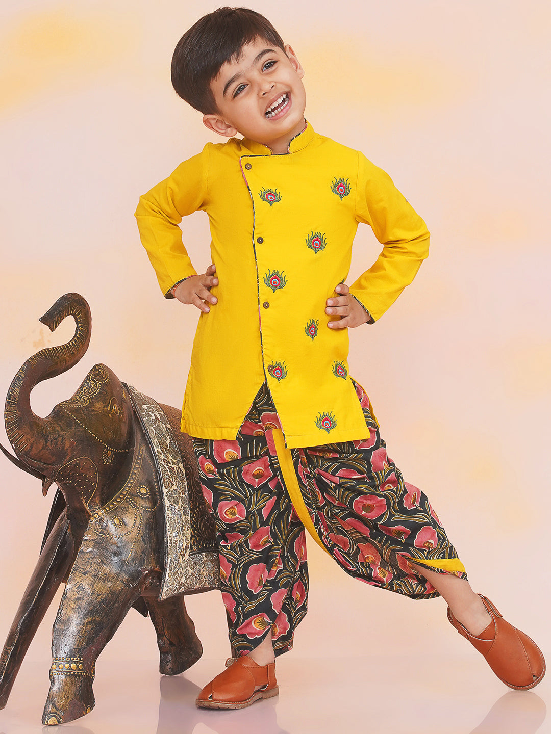 KID1 Morpankh Embroidered Dhoti Set Yellow