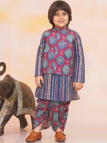 KID1 Floral Jacket With Motiff Printed Kurta And Dhoti Set Blue
