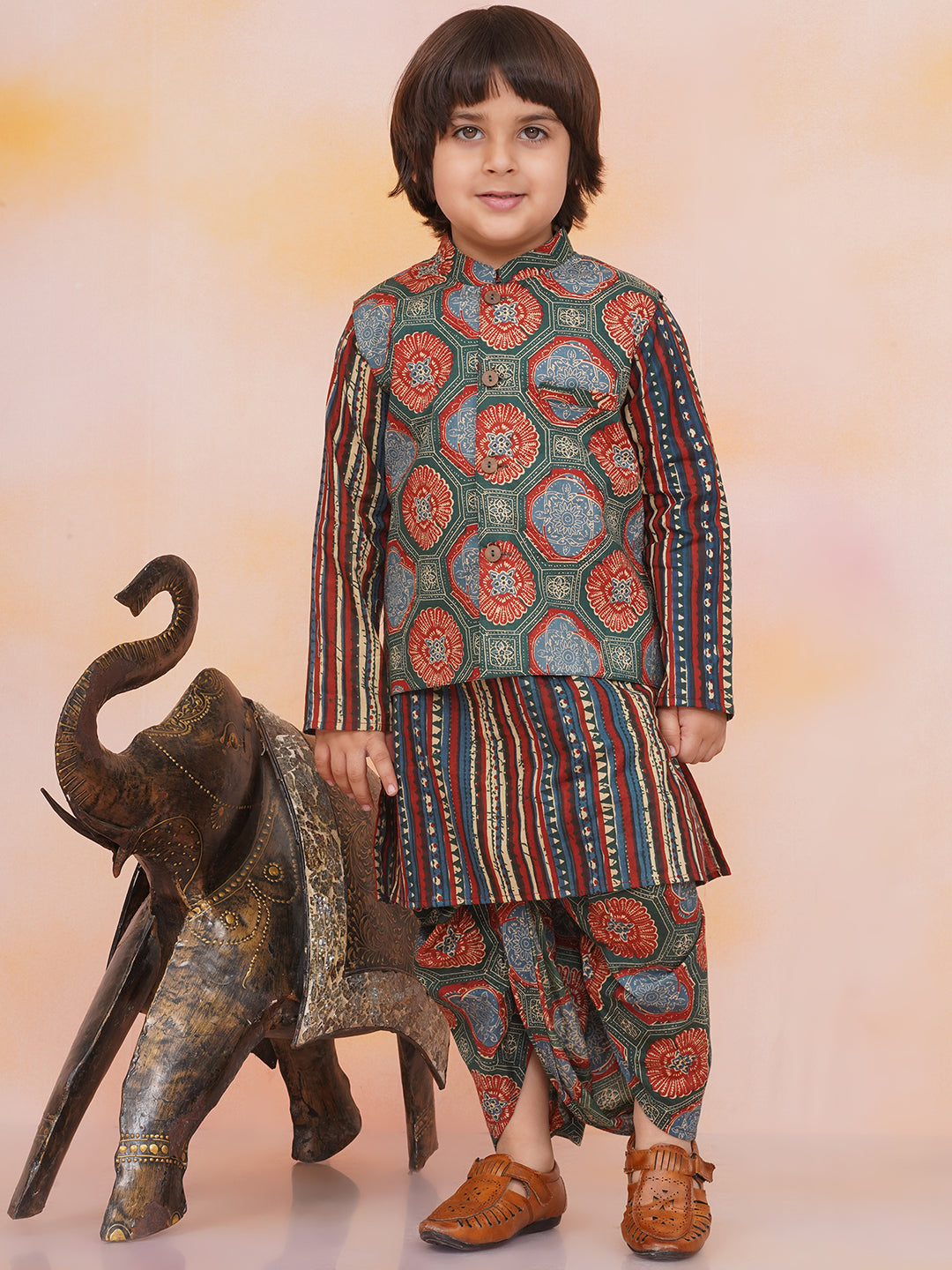 KID1 Floral Jacket With Motiff Printed Kurta And Dhoti Set Green