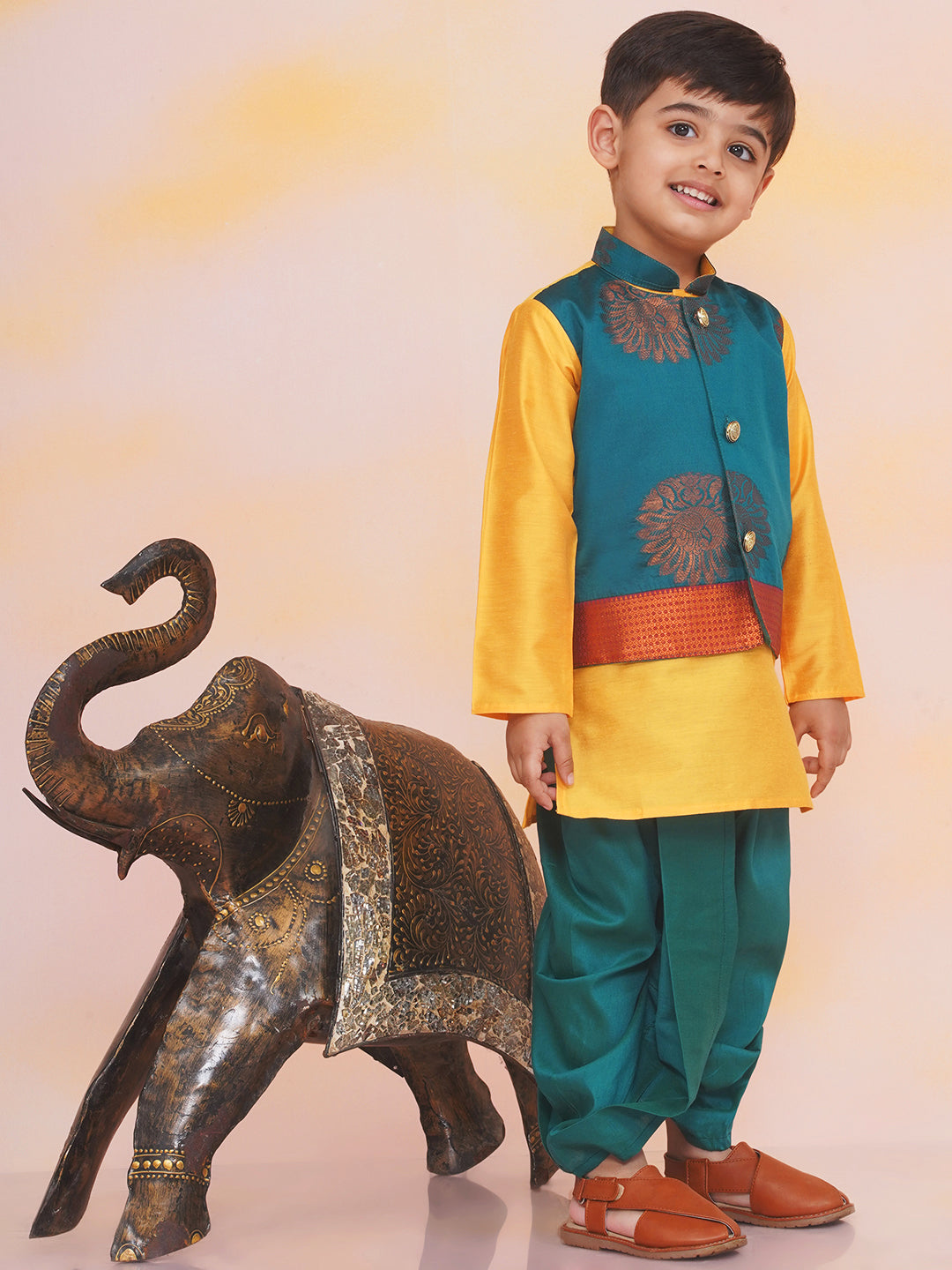 KID1 Attached Silk Jacket Kurta With Dhoti Green