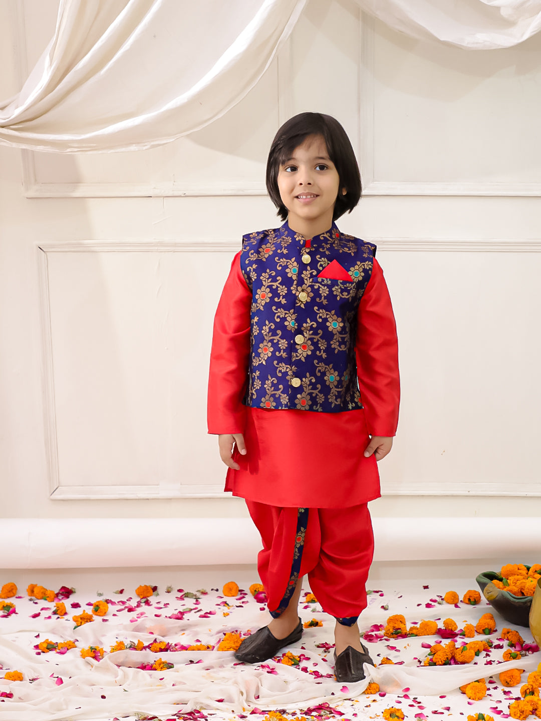 KID1 Jacquard Kurti Dhoti With Dupatta For Girls With Royal Kurta Dhoti With Jacket For Boys - Navy