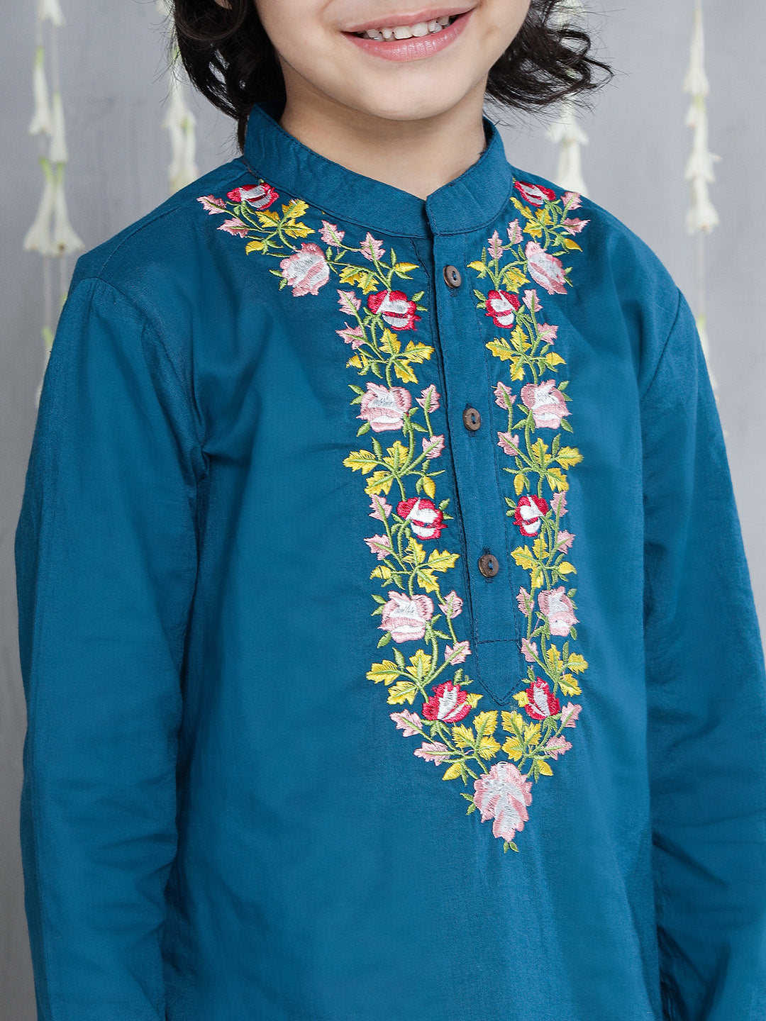KID1 Flower Embroidered Kurta With Dhoti Set Blue