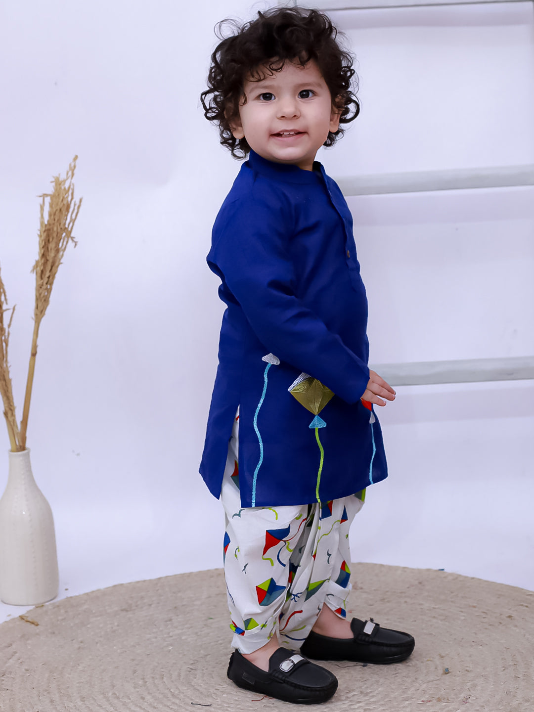 Kid One Kite Embroidered Kurta with Printed Dhoti Set Blue