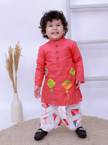 Kid One Kite Embroidered Kurta with Printed Dhoti Set Red