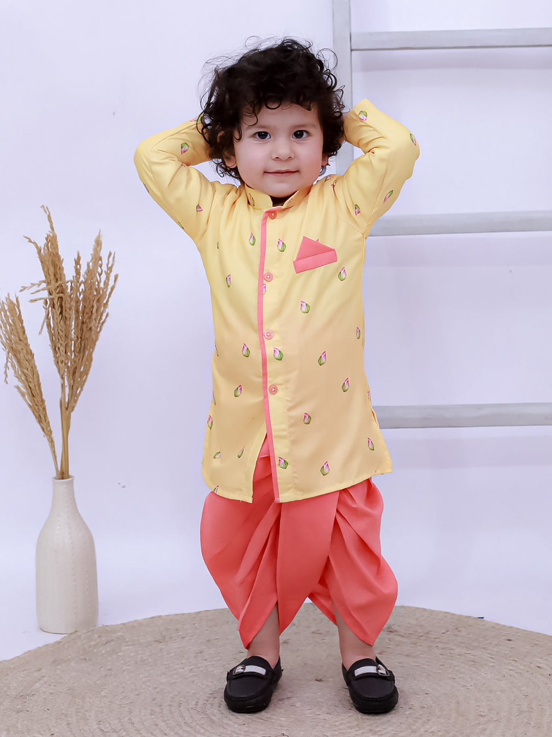 Kid One Printed Kurta with Dhoti Set Yellow