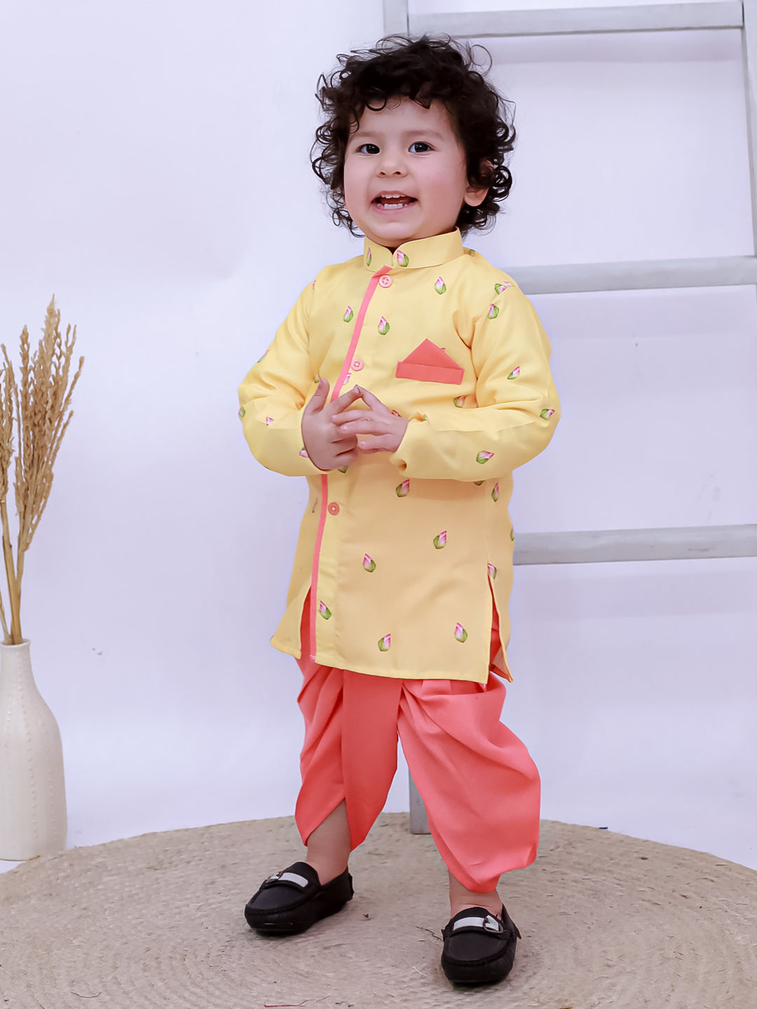 Kid One Printed Kurta with Dhoti Set Yellow